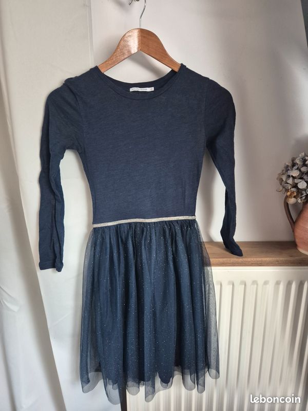 Robe fille monoprix 10 ans bleue marine ceintue elastique doré