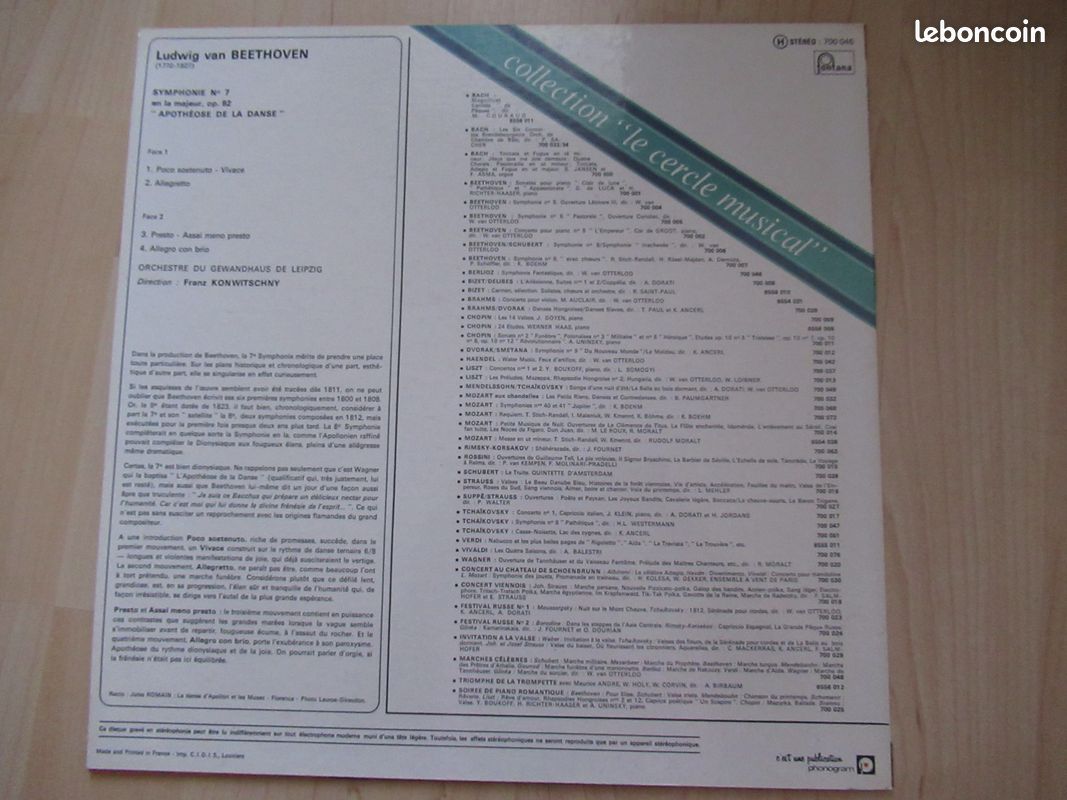 Disque vinyle 33 tours Album Beethoven Symphonie 7 Franz Konwitschny "Apothéose de la danse" Fontana (image 2)