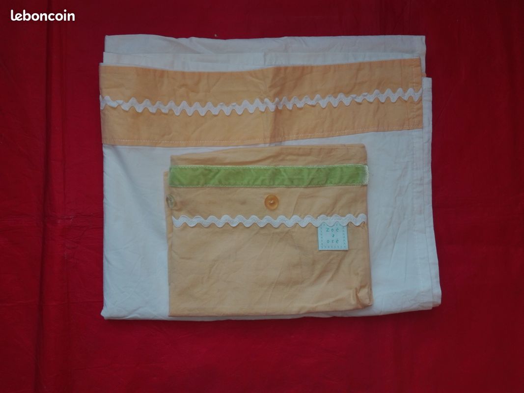 Ensemble litterie drap + housse taie d'oreiller bebe jaune orangé et blanc (image 1)