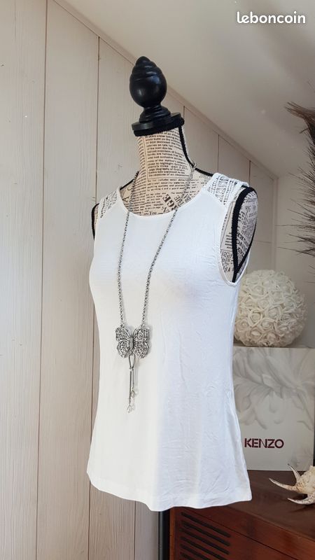 Top débardeur blanc fluide avec empiècement dentelle / macramé (image 4)
