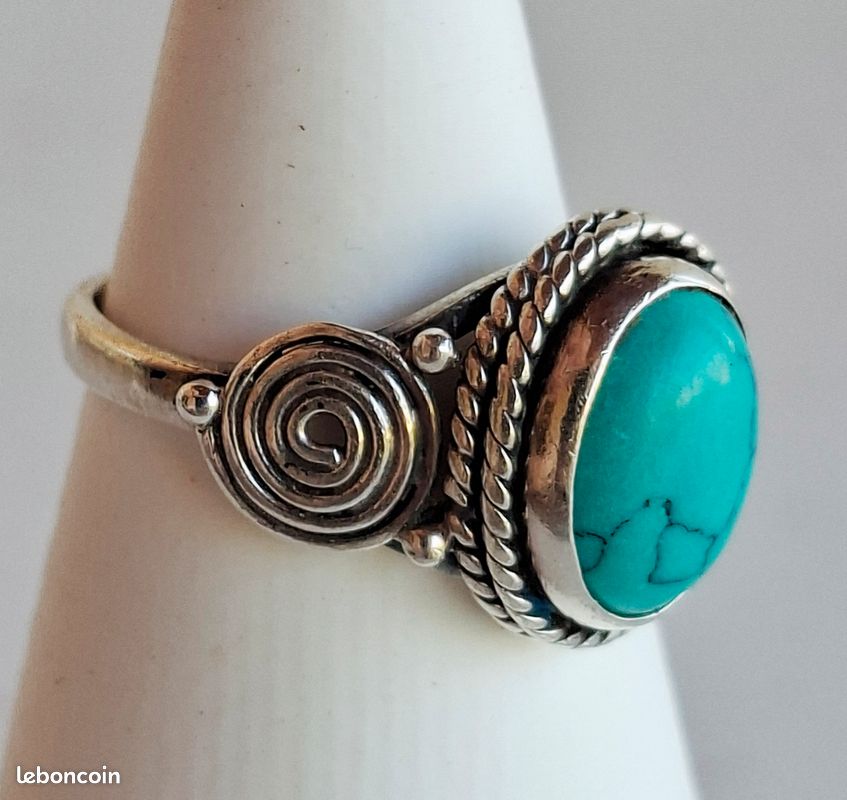 Bague vintage argent massif 925 avec pierre turquoise Motif spirale Shabby Chic Bohème (image 7)