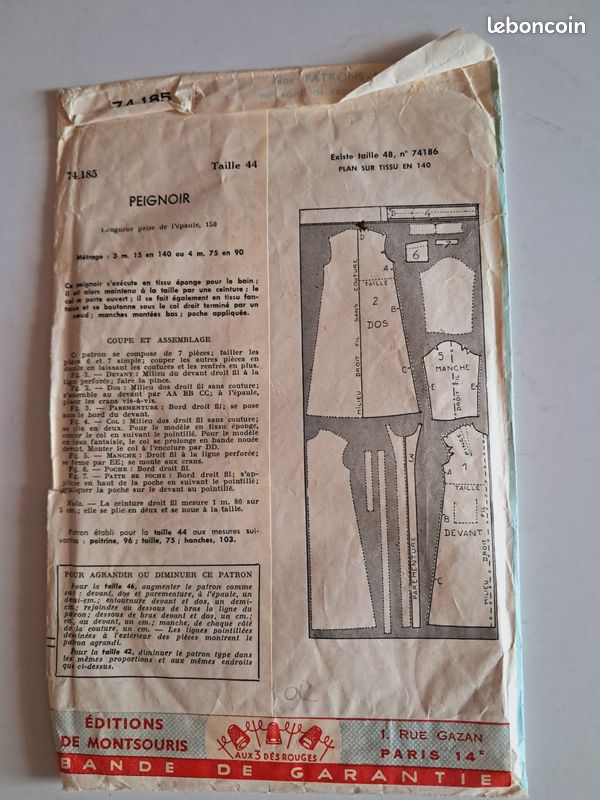 Patron De Couture Vintage Années 40 - Robe De Chambre Taille B38, Gabarit Complet