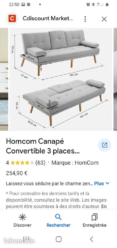 Canapé clic clac neuf couleur gris, dans son carton jamais déballé (image 2)