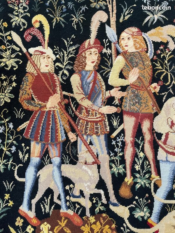 Ancienne tapisserie à la main Chasse médiévale Licorne XXème (image 4)