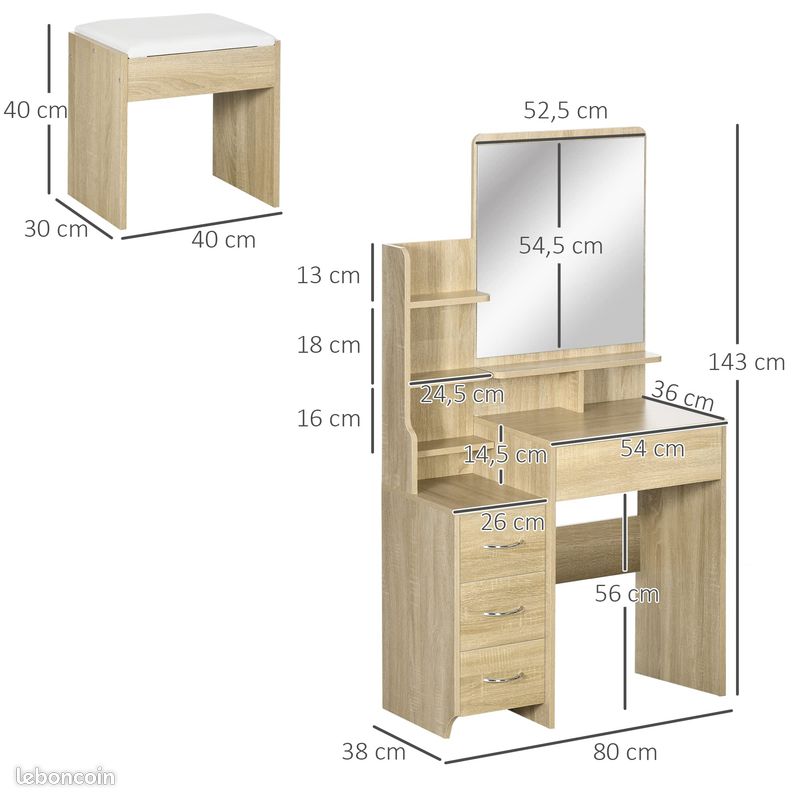 Ensemble Coiffeuse Bois Naturel - Table de Maquillage - Tabouret Rembourré - Grand Miroir - Étagères Ouvertes - Tiroirs (image 3)