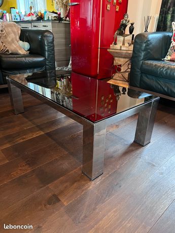 Table Basse Vintage 1970 - Alu Chromé Brossé Et Verre - Forme Rectangle