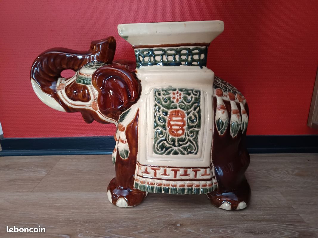 Grand éléphant céramique porte plante guéridon support bohème colonial exotique indien (image 16)