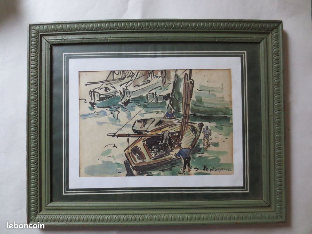 Tableau - Henriette Le Pesqueux - Aquarelle - Honfleur - Port - travaux de carénage - 1949 - (image 1)
