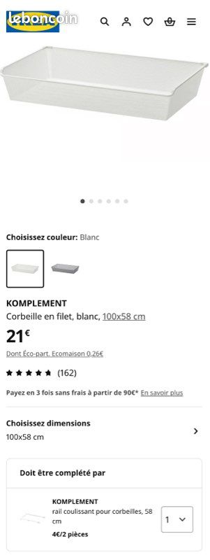 KOMPLEMENT Corbeille en filet, blanc, 100x58 cm + Rail coulissant pour corbeilles, blanc, 58 cm (image 4)