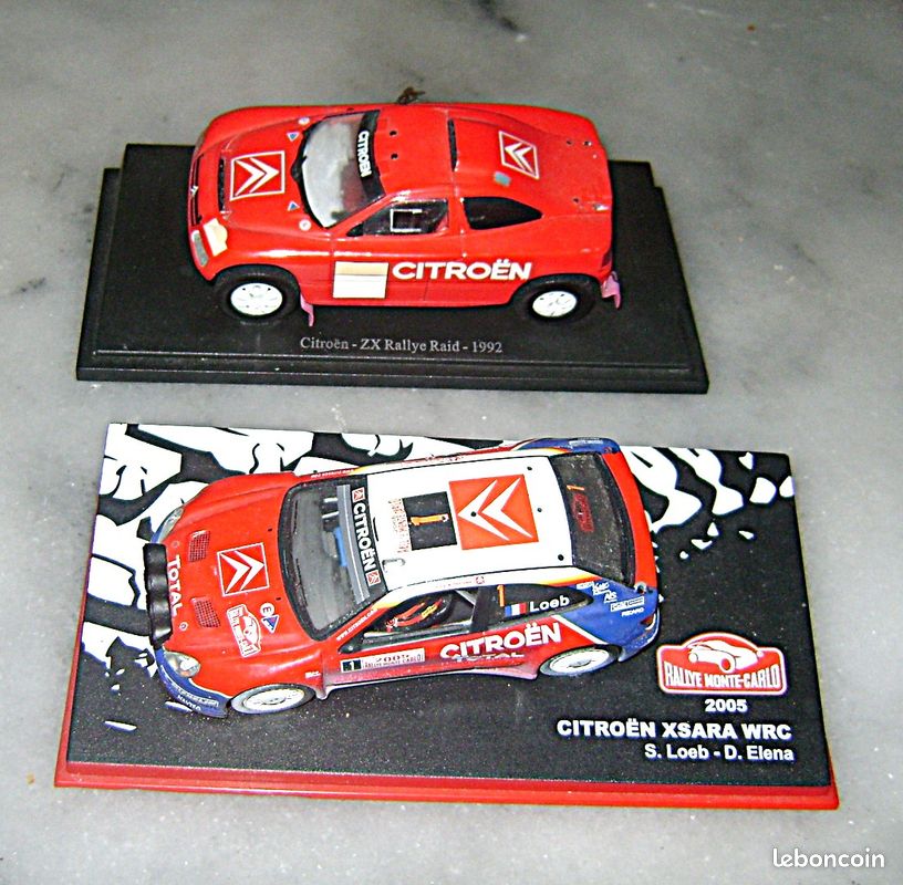 Lot de deux miniatures de voitures de rallye Monte Carlo une Citroën ZX Rallye Raid 1992 et une Citroën XSara WRC 2005 pilotée par S. Loeb et D. Elena (image 1)