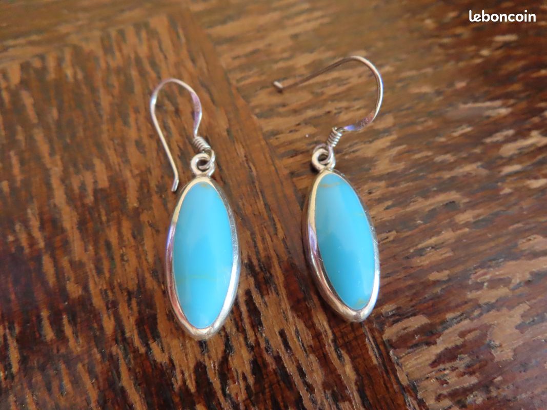 Boucles D'oreilles Vintage En Argent 925 Turquoise - Percées, Crochet, Fait Main