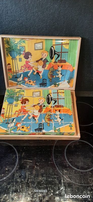 Ancien Puzzle Français 20 Cubes En Bois Massif – 6 Modèles, Enfants (Années 1950)
