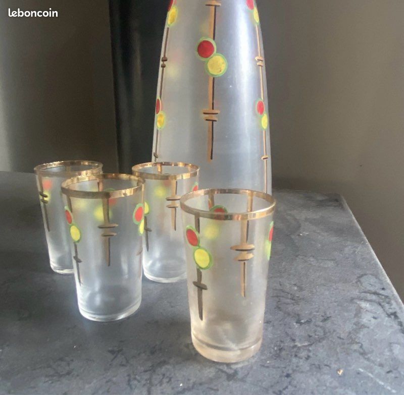 Carafe emaillee verre irise epoque art nouveau + 4 verres (image 3)