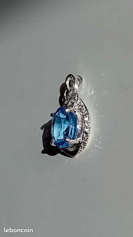 Pendentif En Argent Serti D'aigue-marine - Bijou Vintage 5040 - Bleu - Occasion Parfait état - France