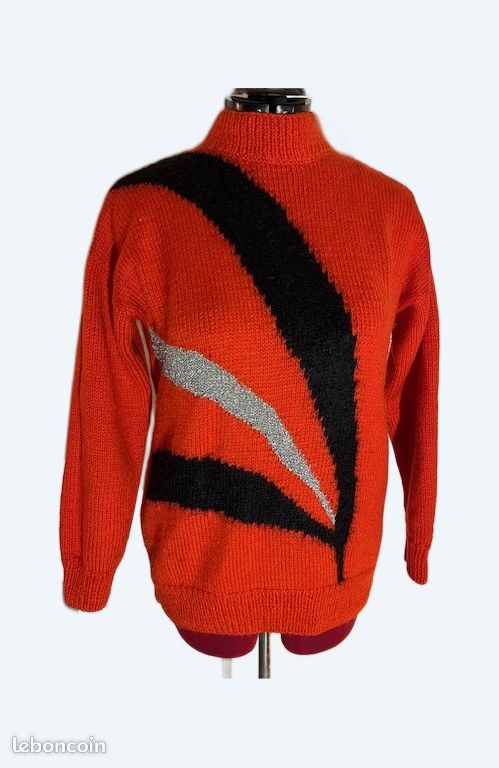 Pull vintage Anny Blatt rouge à motifs laine 100% mohair T38
