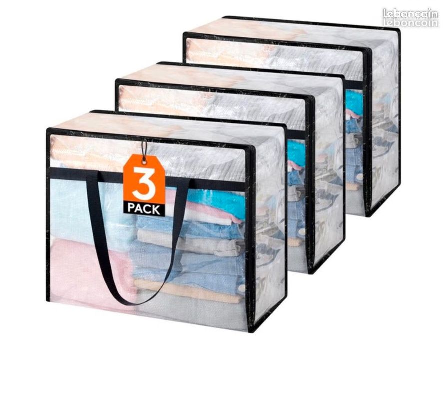 Lot de 3 Sacs de Rangement 40L en PP Robuste, Housse de Rangement Vetement Transparente avec Poignées, Sac Pliable pour Déménagement, Couettes, Couvertures et Jouets (image 1)