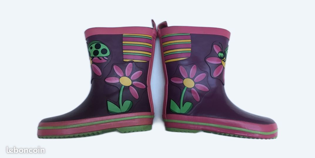 Bottes de pluie ou campagne rose et violette avec coccinelle et fleur, 23 super état (image 1)