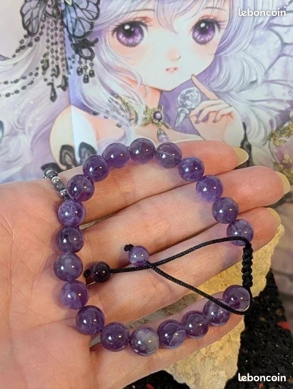 Bracelet En Pierre Naturelle Améthyste Violette, Ajustable Et Fait Main Pour Fille