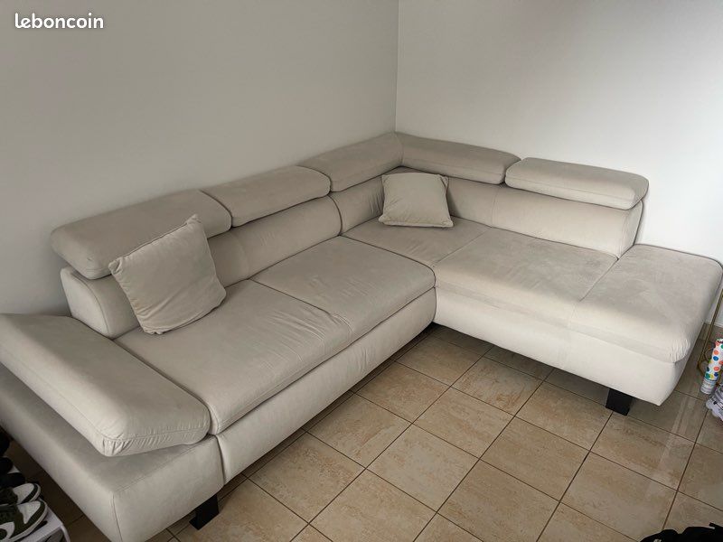 Canapé d’angles convertible en velours beige - Droit (image 2)