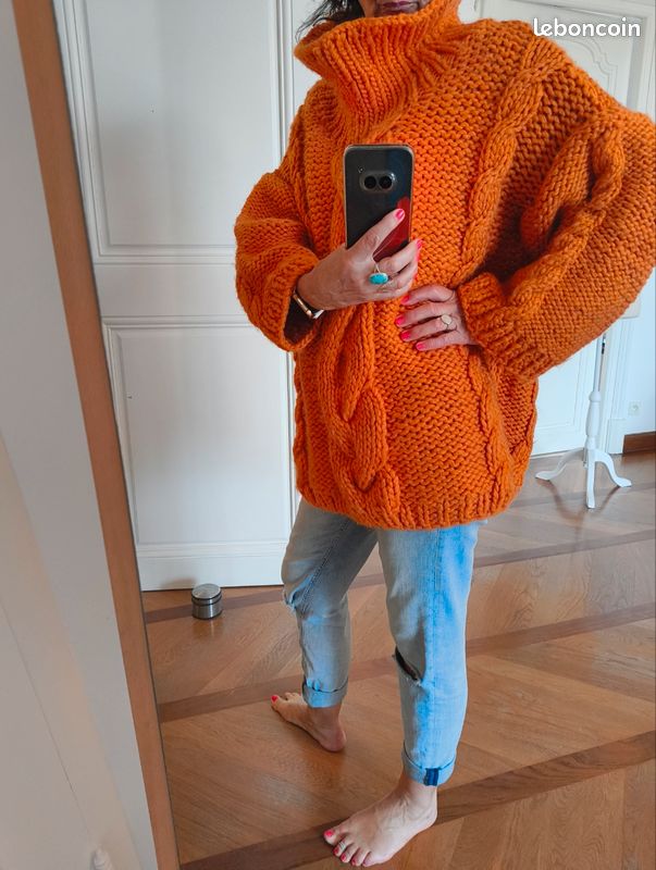 Pull Courrèges Vintage Col Roulé Orange Mohair - Gros Mailles, Taille M Femme