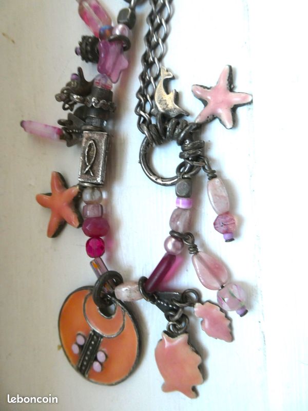 Collier Vintage Argent Avec émail Rose-violet, Estampillé GM - Bijou Ancien En Parfait état