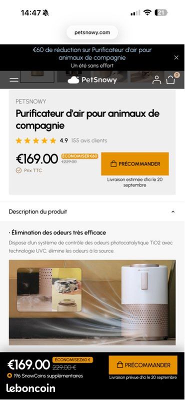NEUF dans son emballage purificateur d’air PetSnowy (odeur poil animaux) acheté 169 euros (image 2)