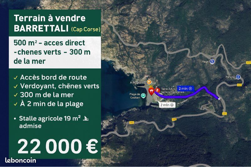 Terrain naturel 500 m² – accès direct – chênes verts – 300 m de la mer – Zone N · à Barrettali · 22 000 €