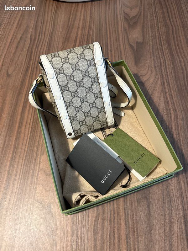 Sacoche Gucci Mini Bag Horsebit 1955 – Toile GG Supreme & cuir blanc (image 2)