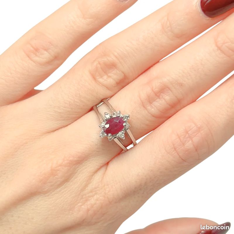 LetsBuySilver Bague pour femme en or blanc 585/14 carats avec rubis véritable et diamants brillants