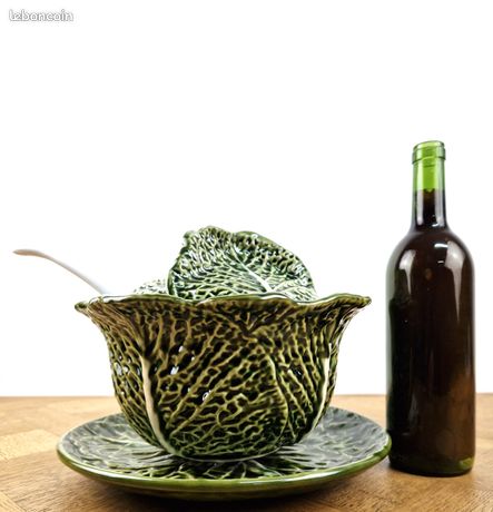GROSSE SOUPIÈRE FEUILLE De Chou Vert en Barbotine Avec Assiette & Louche Vintage EUR 65,00 - FR
