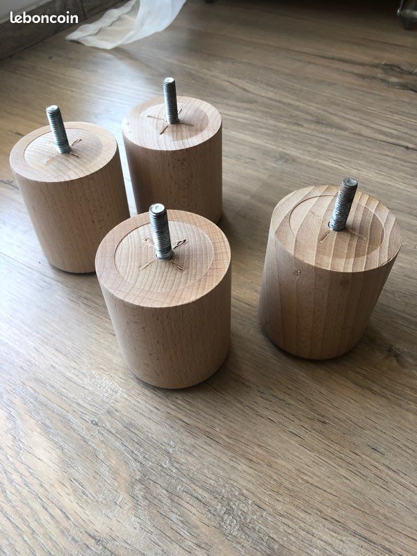 4 Pieds de meuble / lit rond en bois de hêtre clair 8 cm (image 1)