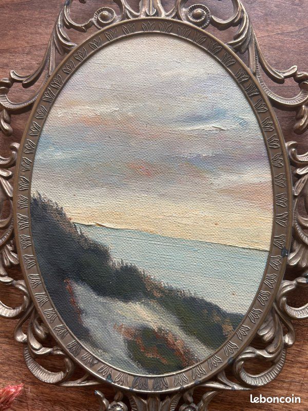 Magnifique cadre ovale ancien et peinture à l’huile – Ambiance bord de mer (image 7)