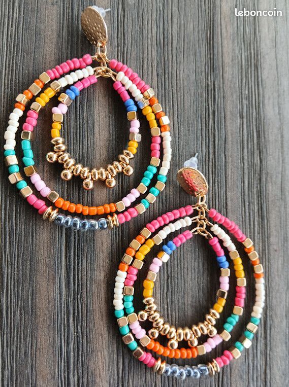 Creoles (boucles D'oreilles) Perles Multicolores - Occasion Jamais Portées - Bon état