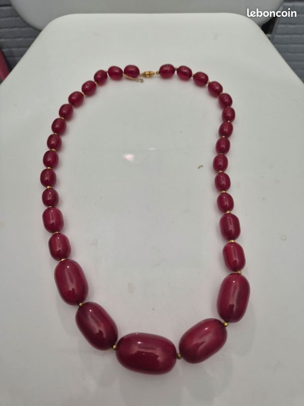 Collier Sautoir Vintage En Bakélite Marbré Ambre - Art Déco - Perles Anciennes (78g)