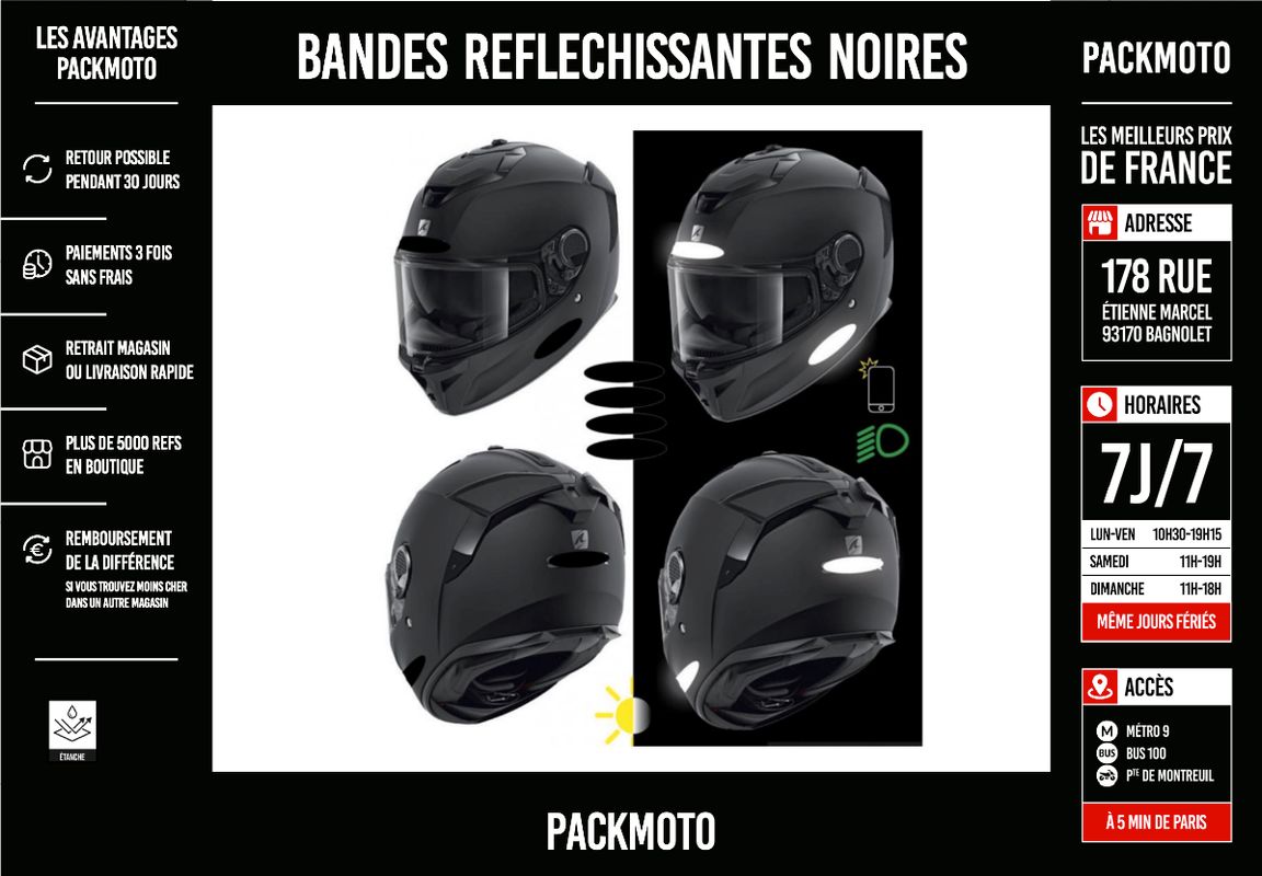 Bandes réfléchissantes noires pour casque moto - Homologuées CE