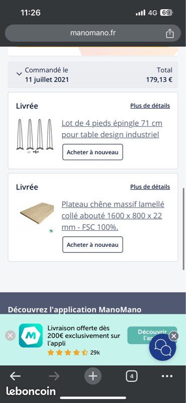 Plateau en bois de chêne et 4 pied en épingles (image 3)