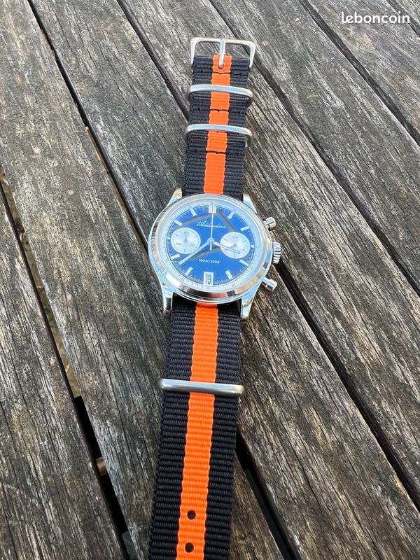 Bracelet de montre en veau étanche effet toile de voile – Bracelet doublé caoutchouc Noir / Orange