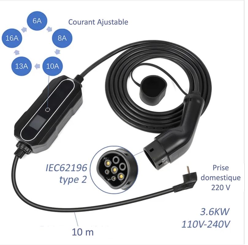✓ NEUF 10m Chargeur Voiture Electrique 3.6kW 6A-16A Type 2
