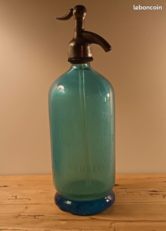 Siphon eau de seltz ancien en verre bleu turquoise – début XXe siècle – vintage déco (image 3)