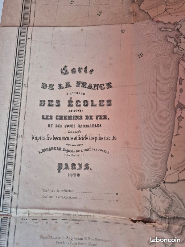 Affiche originale carte de la france les chemins de fers et voies naviguable 1879 (image 4)