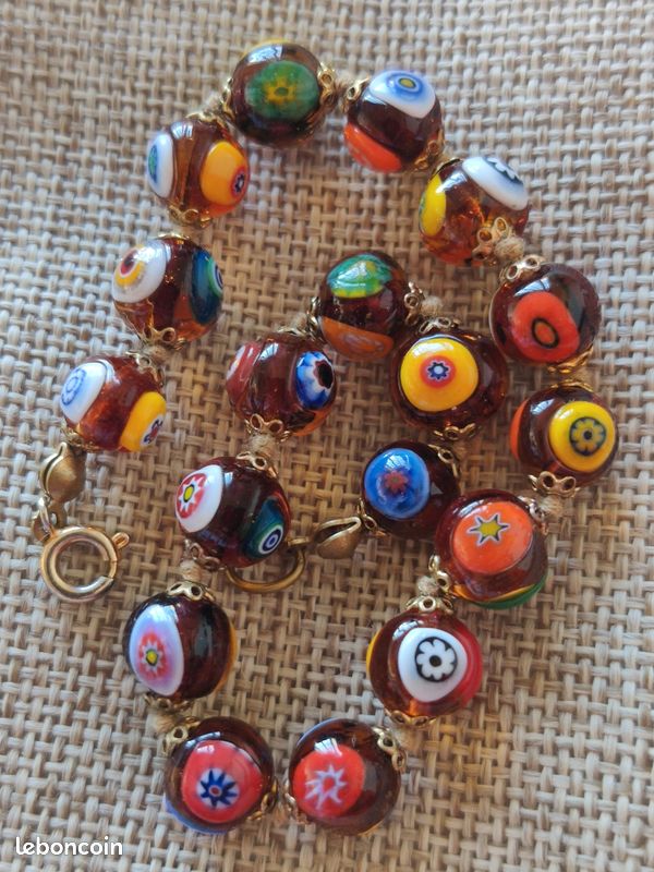 Bracelet En Verre De Murano Millefiori - Avec Perles En Argent 925 - Taille 7, Largeur 10 Mm - Neuf