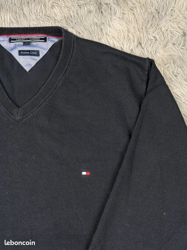 Pull à col V Tommy Hilfiger coton brodé bleu marine Homme taille L #PTM345 (image 4)