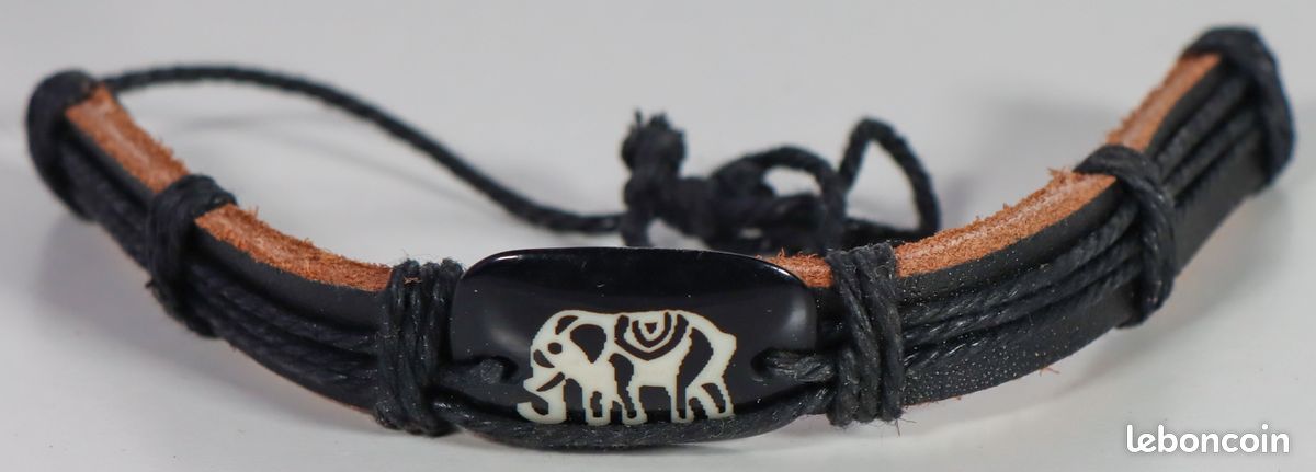 Bracelet ethnique avec un motif Éléphant - Cuir avec fermeture lacets - Jamais porté (image 3)