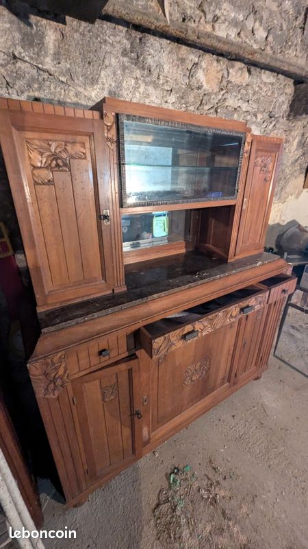 Buffet deux-corps Art Déco (Années 30) - Bois, Marbre & Vitrine (image 3)