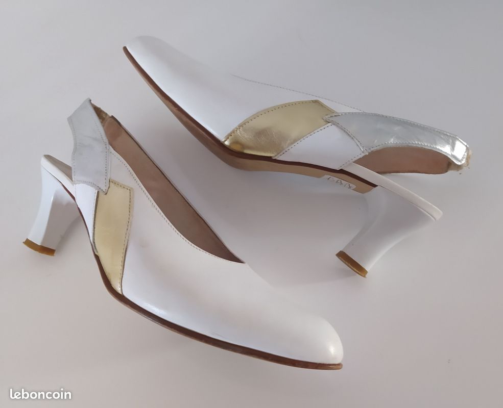 GEO REINO - Escarpins Blanc/argent/doré en cuir à talon et bride arrière pour mariage ou autres occasions - Pointure 38 (image 2)