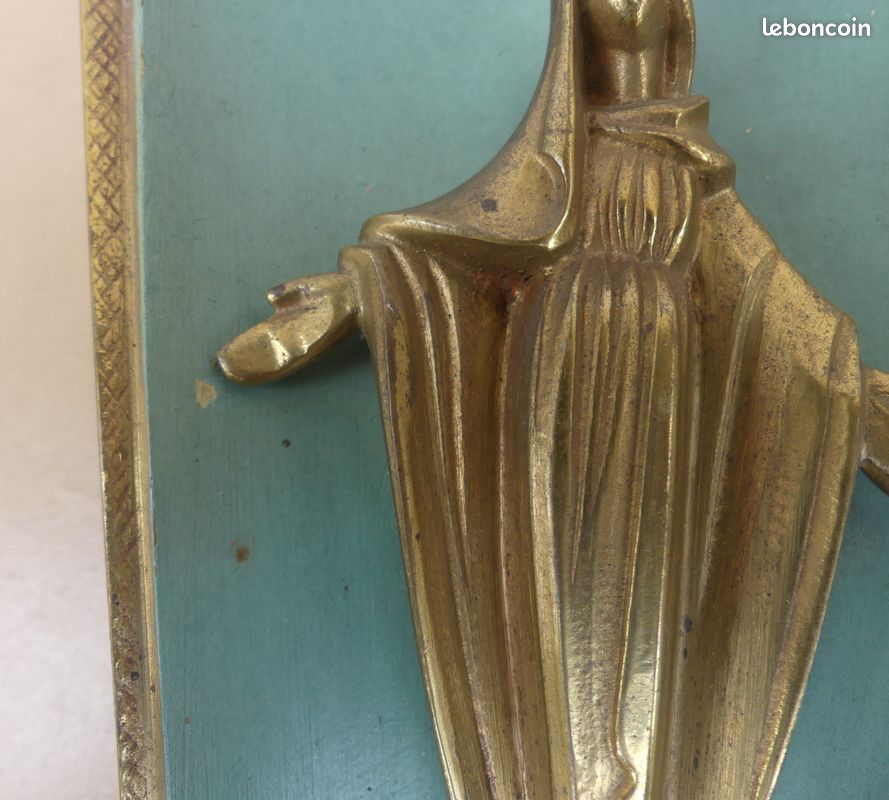 Ancien porte (pique) cierge Sainte Vierge Marie bronze patine verte art déco Vierge Miraculeuse dévotion christianisme (image 4)