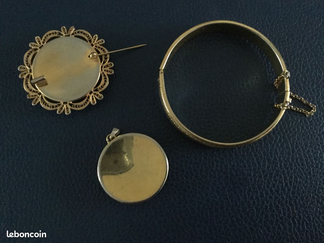 Broche Vintage En Or De Tolède - Femme à L'ombrelle - Noir, Doré, Argenté, Vert - Occasion