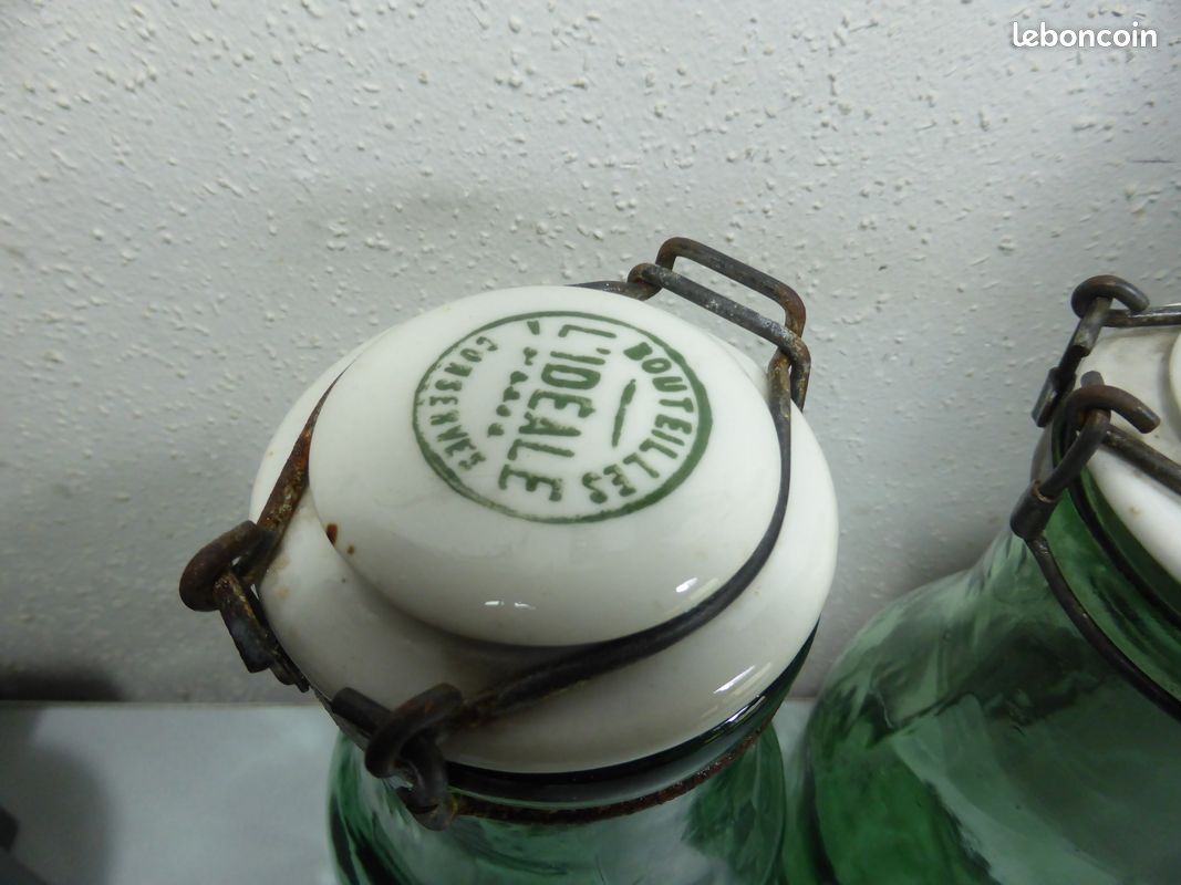 Ancien Bocal bouteille conserve Verre Vert L'Idéale 3/4