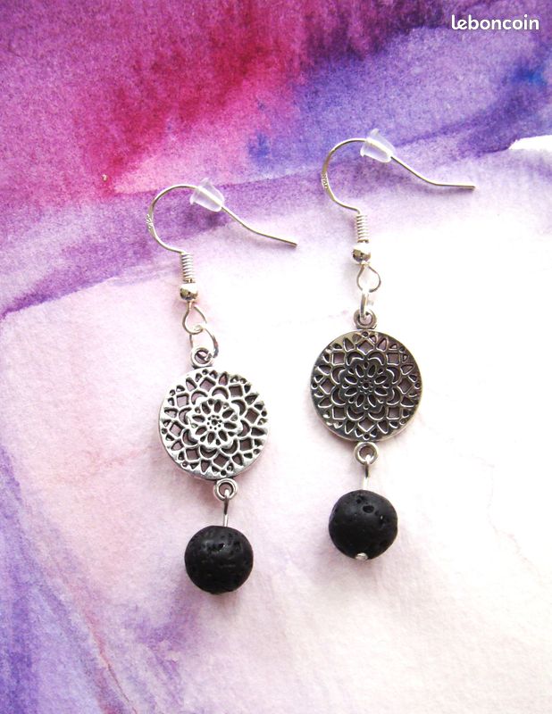 Boucles oreilles pastille filigrane boule lave noire cr argent neuves (image 3)
