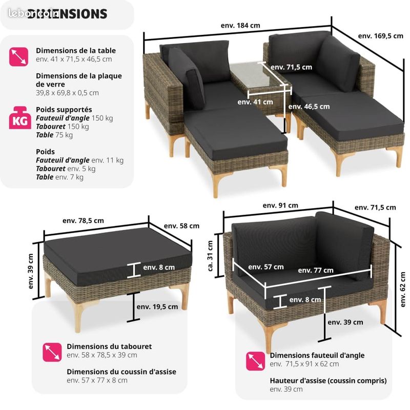 Salon de Jardin Modulable Marron - Canapé - 2 Tabouret Pouf - Table de Jardin - Extérieur Balcon Terrasse (image 2)
